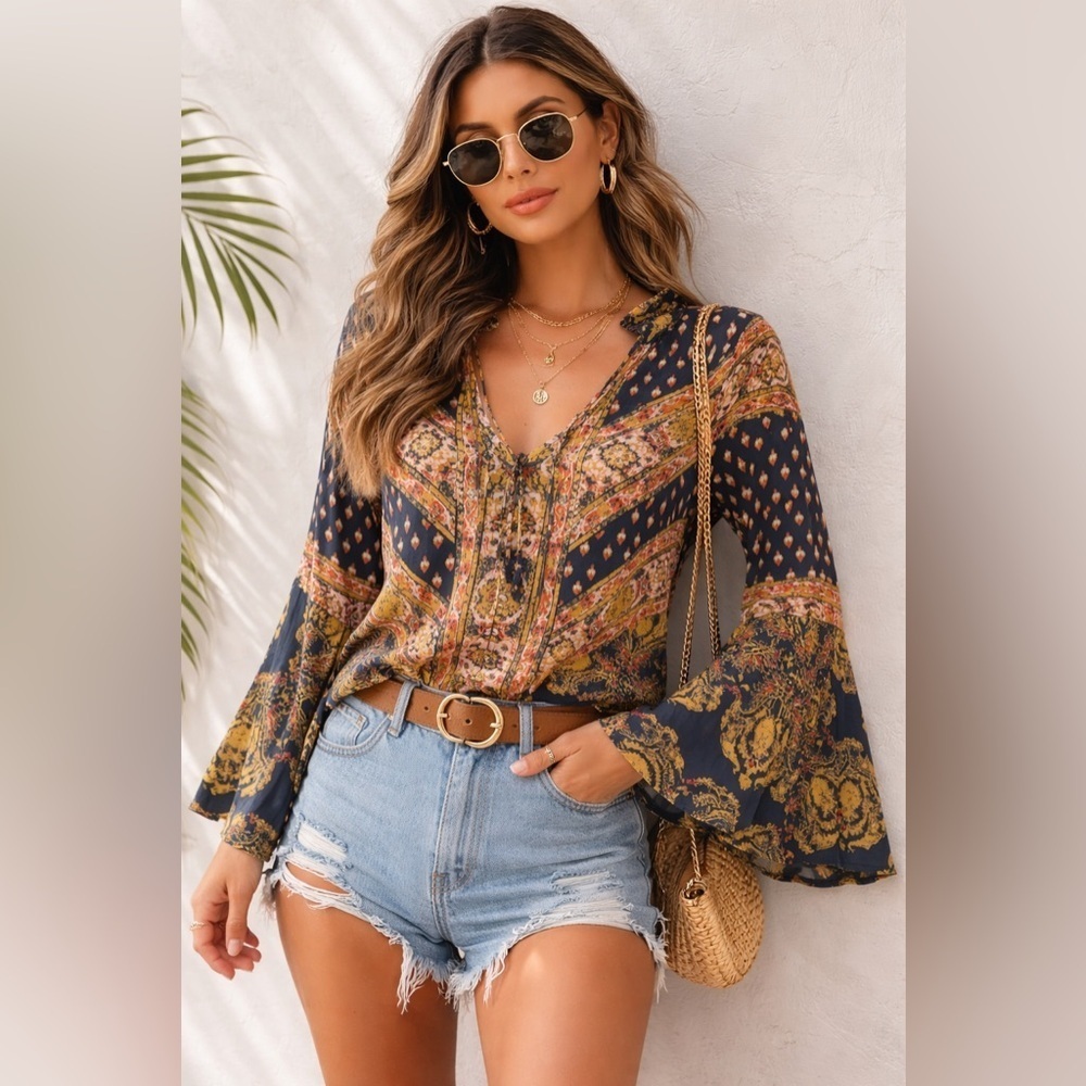 Free People Bohemian Paisley Bell Sleeves Tie Neck Festival Peasant Navy Gold XS